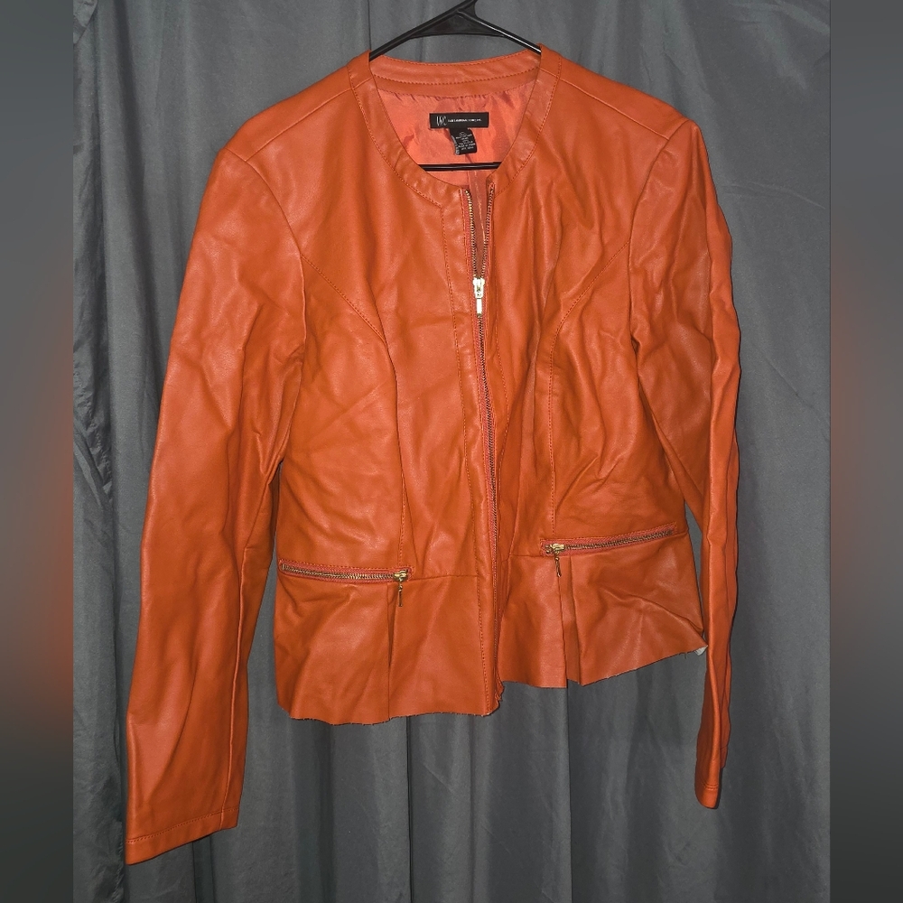 INC International Concepts Orange Ruffled Leatherette Jacket